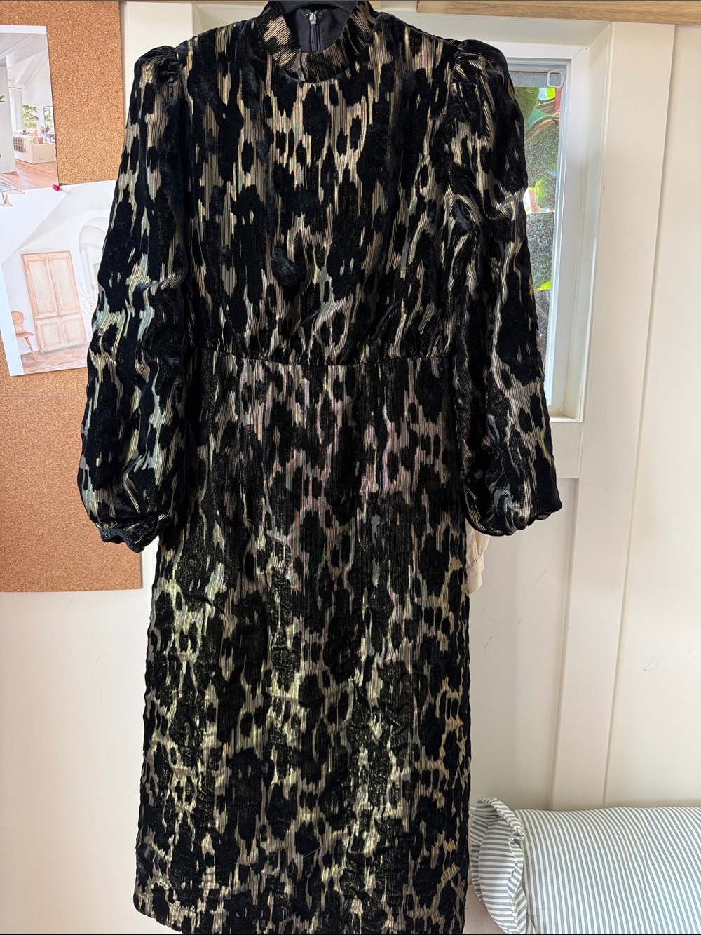 Black and Cream Velvet Leopard-Print Midi Dress